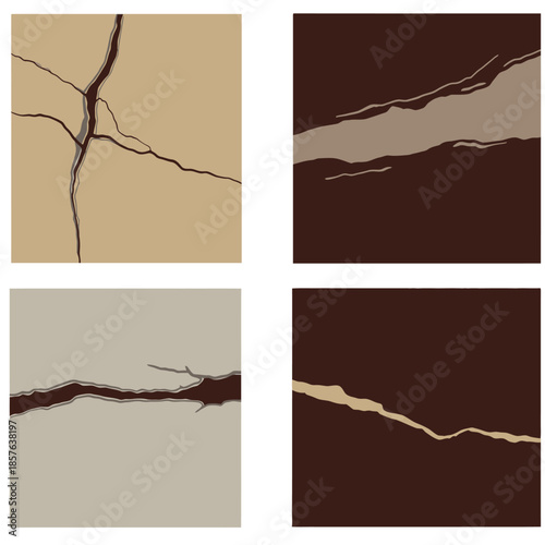 Four graphic illustrations of cracks and fissures on different colored surfaces, depicting damage or geological features.