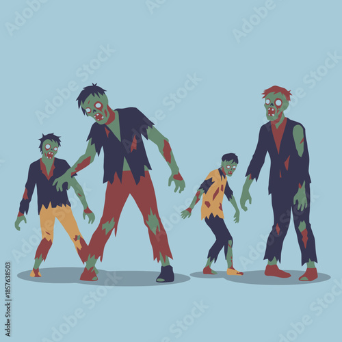 Four cartoon zombies with green skin and tattered clothes walking on a light blue background, depicting a spooky scene.