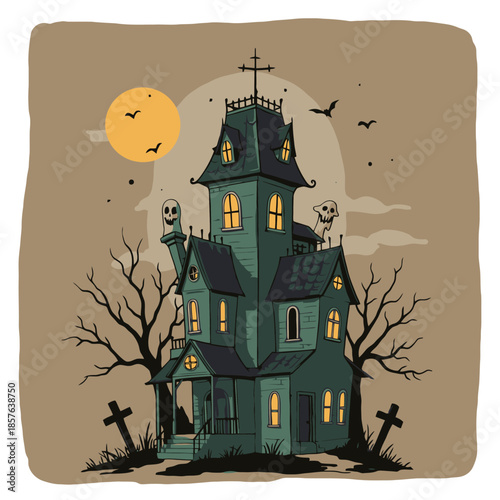 A spooky haunted house illustration with a full moon, bare trees, and gravestones, perfect for Halloween.