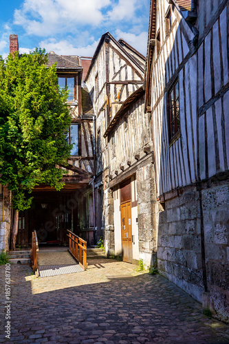 Half-timbered buildings in the historic center of Rouen, France. Rouen is the capital of Normandy. Half-timbered houses are a hallmark of the city.
