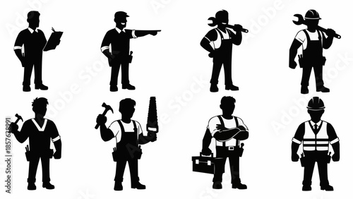 Silhouettes of construction workers with tools and safety vests.