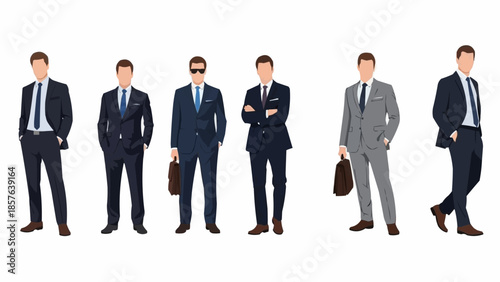 Group of business men in suits standing in a line.