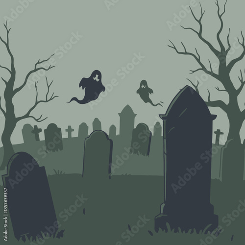 A spooky graveyard scene with flying ghosts and bare trees under a gloomy sky, perfect for Halloween.