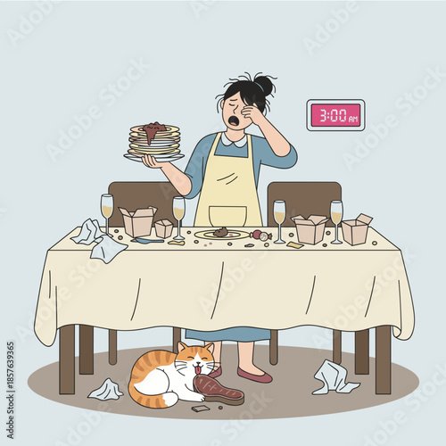 Woman cleaning messy table after party, yawning from tiredness at 3 AM, happy cat eating steak under the table
