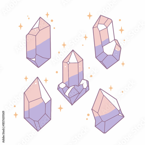 Stylized pastel pink and purple crystals with sparkling stars on a white background.