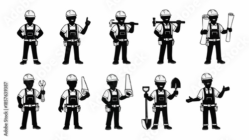 Construction worker silhouette set with tools and blueprints.