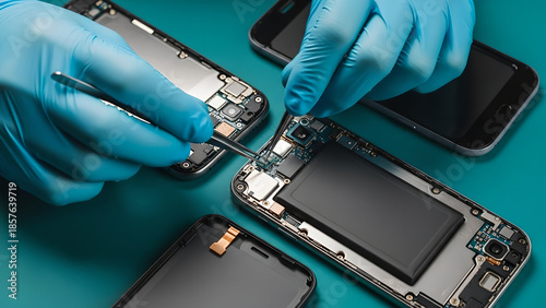 Mobile Phone Repair Service Technician Blue Gloves Detail