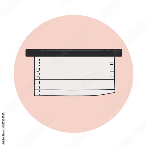 Simple graphic illustration of a light-colored window blind with pleats hanging from a dark header.