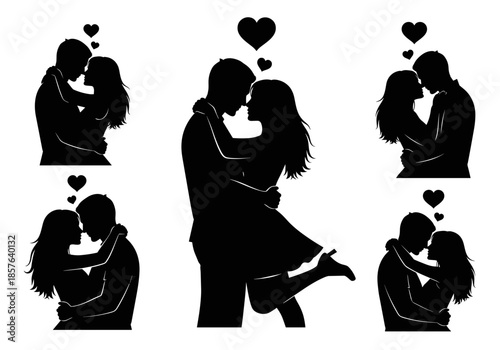 Collection of Romantic Couple Silhouettes Embracing and Kissing with Hearts, Vector Set