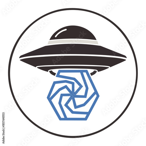 A stylized UFO spacecraft beams a geometric blue alien artifact down from its illuminated underside.