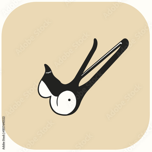 Abstract black and white graphic illustration resembling stylized pliers or a whimsical creature on a beige background.