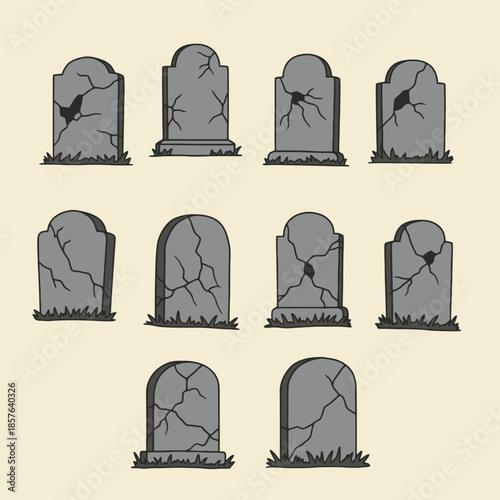 Collection of ten cracked gravestones with grass at the base, depicting a spooky graveyard scene illustration.