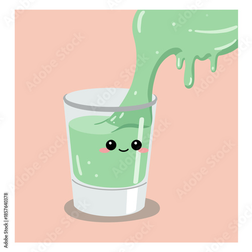 A cute kawaii shot glass being filled with green slime or thick liquid.