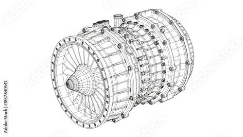 Gas Turbine Engine Wireframe Engineering Visualization Showing Full Core Assembly