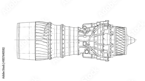 Gas Turbine Engine Side View Line Art Technical Drawing