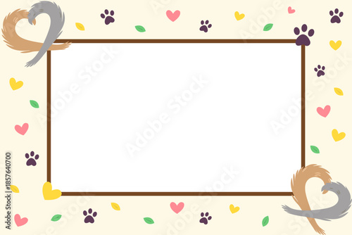 Romantic pet tails frame with copy space. Valentine's Day background featuring dog and cat tails forming heart shapes. Vector flat design border for animal lover greeting card.
