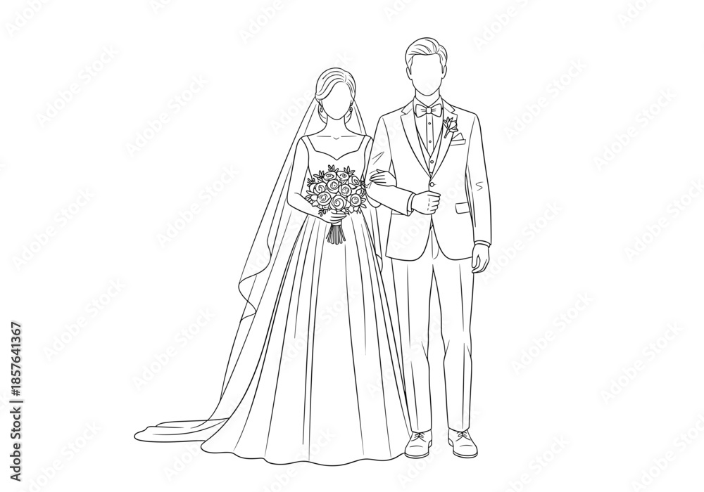 Fototapeta premium Beautiful outline drawing of a bride and groom walking arm-in-arm with a wedding bouquet.
