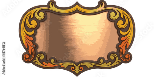 Ornate Copper Plaque with Decorative Gold and Orange Flourishes on White Background antique badge