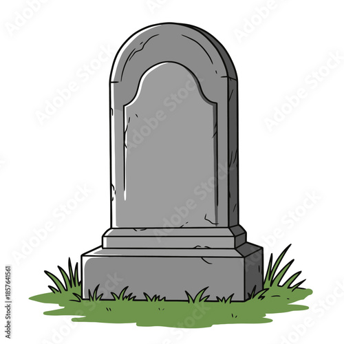 A simple cartoon illustration of a blank grey tombstone standing on green grass, depicting a grave marker.