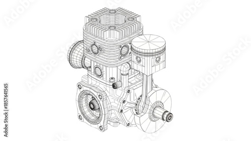 Two-stroke internal combustion engine wireframe view, mechanical piston engine CAD technical illustration