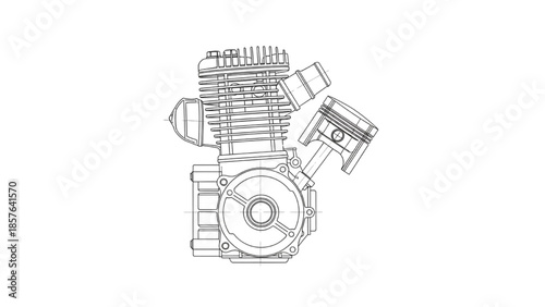 Two-stroke internal combustion engine side view, mechanical piston engine technical illustration