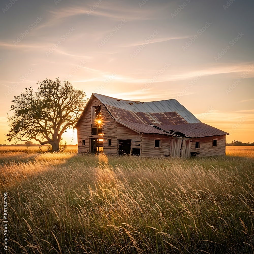 Fototapeta premium Rustic Barn at Sunset - A Tranquil Countryside Scene.