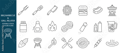 BBQ barbecue and grill related editable stroke outline icons set