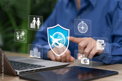 Travel Insurance, Digital Trip Planning Concept, Businesswoman Using Online Application Travel Protection, Coverage for Expenses, Accommodation, Flight Booking, Safe Journey, Modern Travel Management