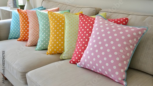 Colorful Polka Dot Pillows on Beige Sofa – Modern Interior Decor