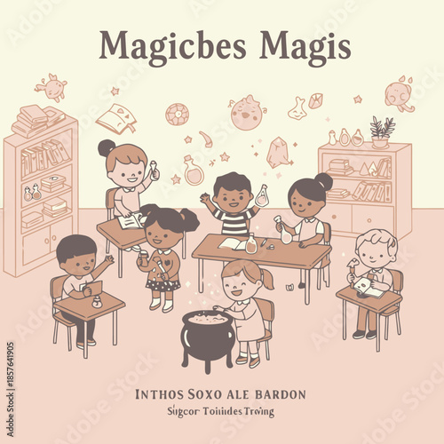 Cute cartoon illustration of diverse children learning magic or science experiments in a classroom with a cauldron and various tools.