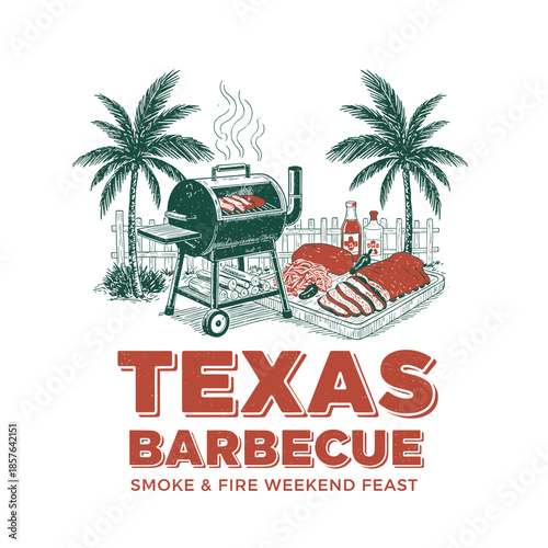 Vintage Texas Barbecue Grill Scene with Smoked Meat Outdoor Weekend Feast Illustration