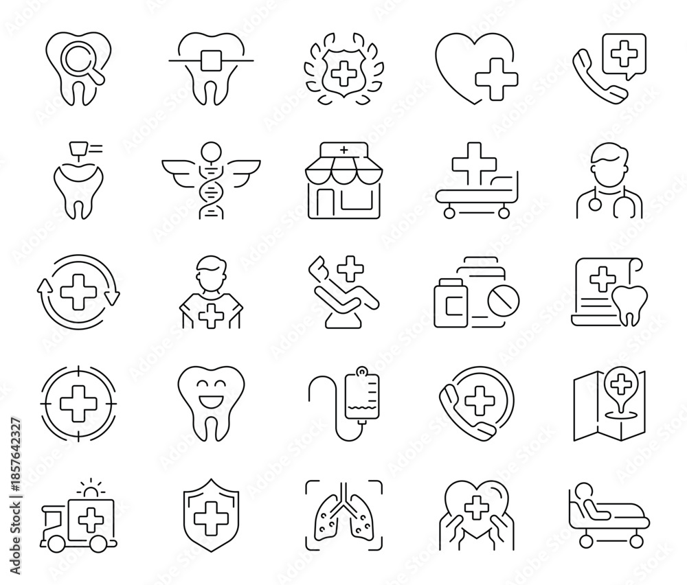 Fototapeta premium Healthcare icons set. editable line icons, outline medical and hospital symbols