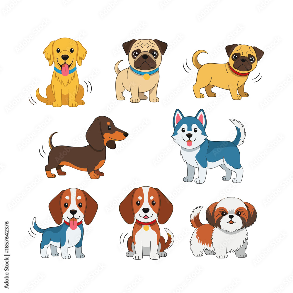Obraz premium Set of Cute Cartoon Dog Breeds Vector Illustrations, Pet Animals Collection on White Background