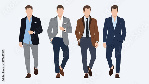 Four men in stylish business suits walking forward together.