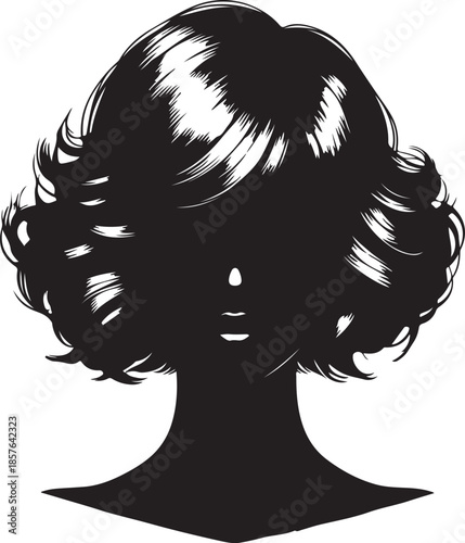 A striking black silhouette of a woman with a chic, voluminous curled Italian bob hairstyle, highlighting her lips and nose as negative space.
