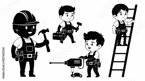 Cartoon construction workers with tools and equipment.