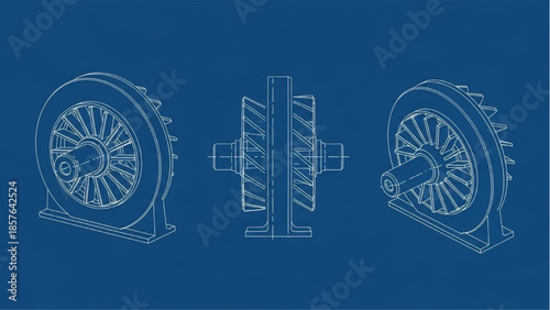 Turbine engine exploded blueprint drawing, industrial mechanical assembly engineering illustration
