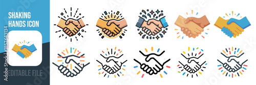 Collection of diverse shaking hands icons symbolizing agreement, partnership, and successful business collaboration
