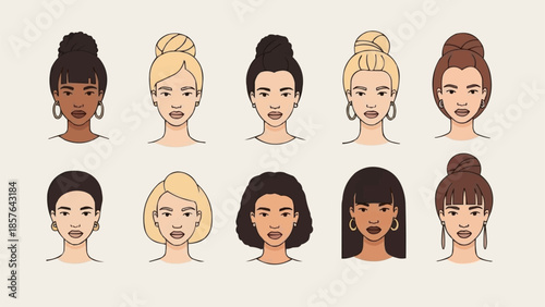 Diverse group of women faces with different hairstyles and ethnicities.