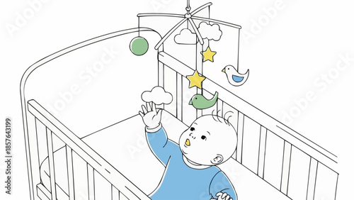 Baby reaching for mobile in crib illustration.