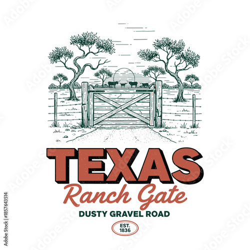 Texas ranch gate on a dusty gravel road with cattle and sunset vector illustration