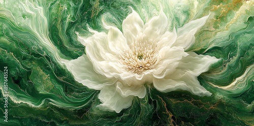 Abstract White Flower Artwork on Green Swirling Background