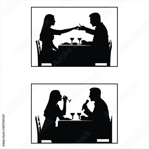 Silhouette illustration of a man and woman enjoying a romantic dinner date with wine and karaoke at a restaurant table.