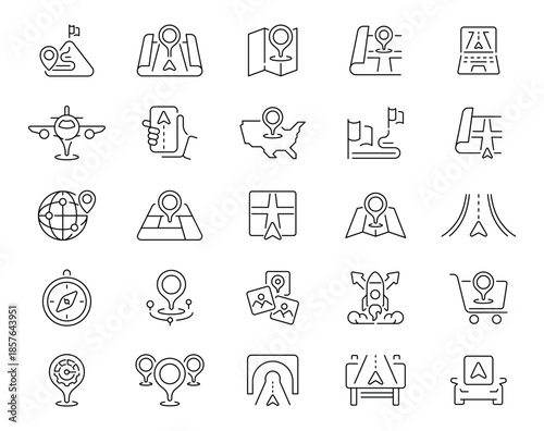 Navigation icons set. linear, editable line icons, direction and gps symbols