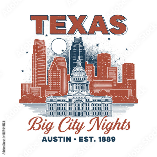 Austin city skyline with Texas state capitol building at night