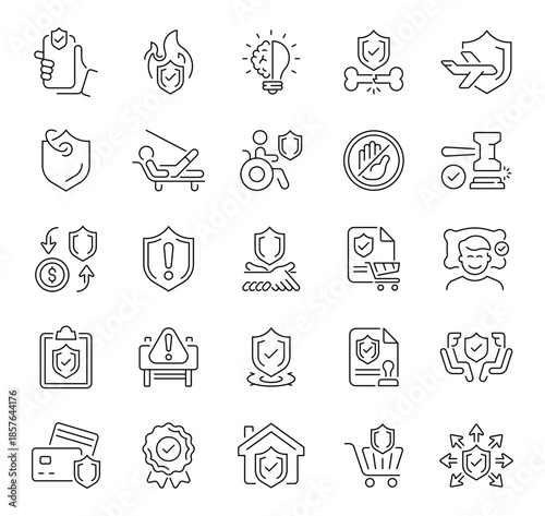 Insurance icons set. editable line icons, outline, protection, safety symbols