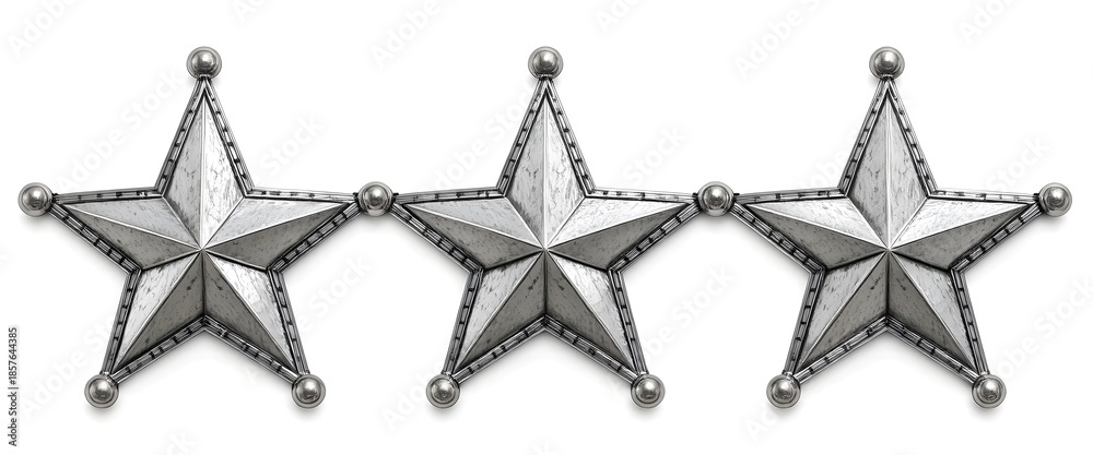 Obraz premium Set of three textured metallic silver five-pointed stars on an isolated white background. admiral stars