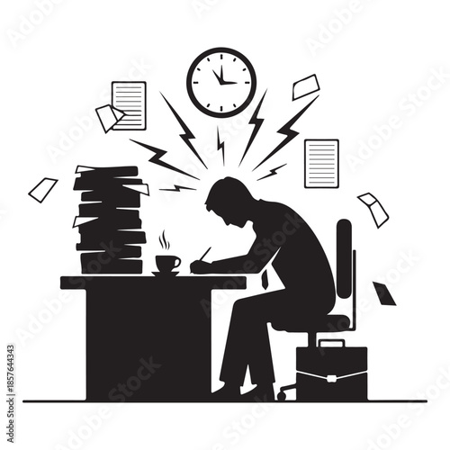 Exhausted Office Employee Working at Computer with Coffee and Heavy Paper Stack Representing Burnout