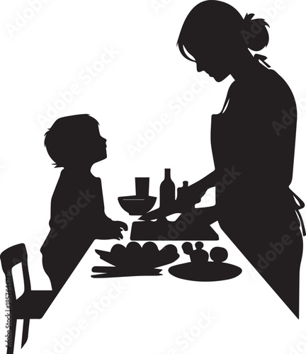 Mother and child preparing meal together