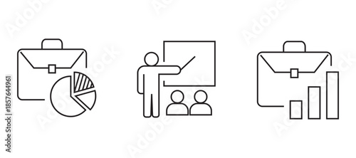 Minimal line analytics icon set with charts, graphs, gears, and data analysis symbols, representing business intelligence, performance tracking, and reporting. analytic icons.